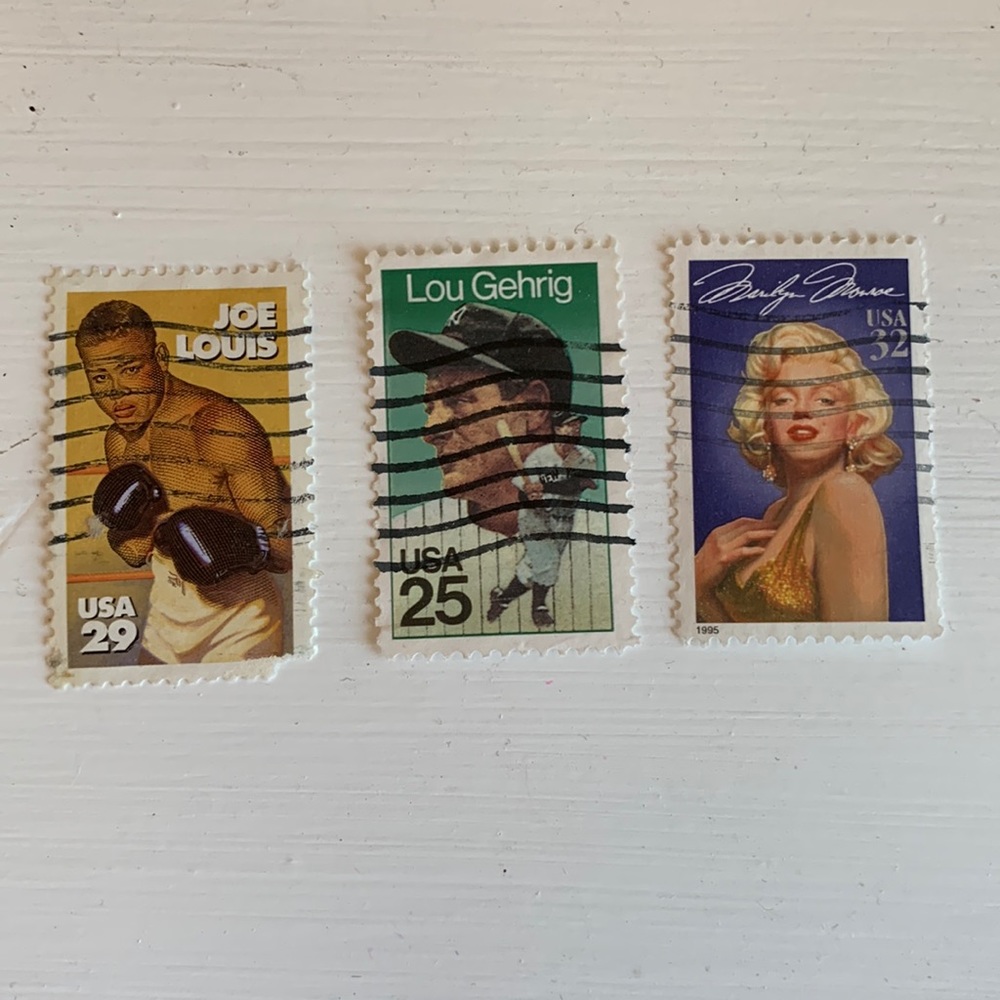 Set of three vintage stamps Marilyn Monroe, Joe louis, Lou Gehrig